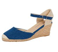 Lora Dora Sandales compensées en Toile de Jute pour Femmes avec Semelle à mémoire de Forme, Talons mi-Hauts, Espadrilles à la Mode avec Bride à la Cheville pour l'été, Bleu Jean, 39 EU