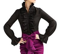 Loralie Femme Chemisier à Volant Manches Longues Col Haut Top Blouse Vintage Rétro Manchon Evasé Blanc Noir, Noir, M