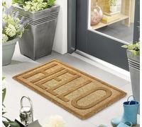 Lord of Rugs Paillasson antidérapant et durable en fibre de coco naturelle imprimée pour maison, entrée, intérieur et extérieur, terrasse, balcon, 45 x 75 cm, motif Hello en relief