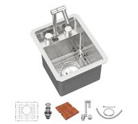 Lordear Évier de cuisine encastré extérieur 30,5 x 38,1 x 22,9 cm pour | Évier à cuve unique en acier inoxydable de calibre 16 avec robinet pliable dissimulé pour camping-car, bar, van