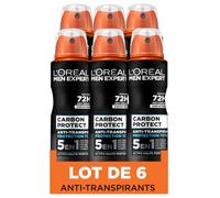 L'Oréal Men Expert Déodorant Spray Carbon Protect 72h 150ml Lot de 6 | Carbone absorbant, Anti-traces jaunes et blanches, Séchage ultra rapide, Sans alcool, Parfum frais, Protection 48h humidité