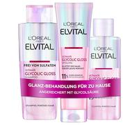 L'Oréal Paris Elvital Glycolic Gloss Bundle avec shampoing, après-shampoing, 5 minutes de laminage pour des cheveux brillants, soin des cheveux sains et une brillance intense, kit acide