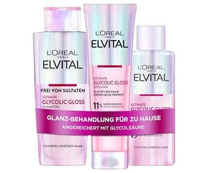 L'Oréal Paris Elvital Glycolic Gloss Bundle avec shampoing, après-shampoing, 5 minutes de laminage pour des cheveux brillants, soin des cheveux sains et une brillance intense, kit acide