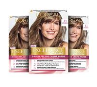 L'Oréal Paris Excellence Cream Lot de 3 colorations permanentes pour cheveux, couverture 100 % cheveux gris, teinture capillaire avec coloration, shampooing et crème triple soin 7.1 Blond cendré moyen