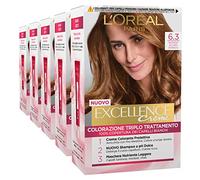 L'Oréal Paris Excellence Crème Coloration Permanente pour Cheveux Triple Traitement 100% Couvrant Illuminant Protecteur Nourrissant Couleur 6.3 Blond Foncé Doré 5 Packs, 1300.0g, 1000.0ml