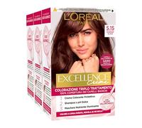 L'Oréal Paris Excellence Crème Teinture Permanente 5.15 Marron Glacé - Lot de 3 Colorations pour Cheveux - Triple Traitement - Couvre 100% des Cheveux Blancs - Longue Durée avec Acide Hyaluronique