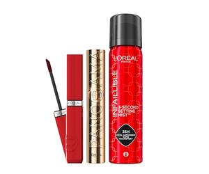 L'Oréal Paris Look Maquillage Le Défilé - Mascara Panorama Noir Volume Panoramique Sans Paquets - Laque à Lèvres Liquide Effet Vinyle Couleur Intense & Fini Brillant Teinte 420 Rouge Paris - Spray Inf