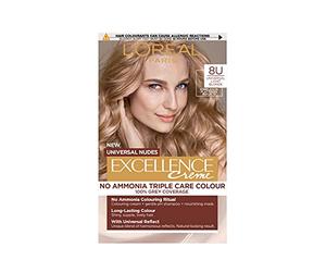 L'Oreal Paris L'Oréal Excellence Crème Colorante Permanente pour Cheveux, Couverture 100% Gris, Avec Pro-Kératine + Sans Ammoniaque, Nus Universels, Blond Clair 8U