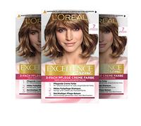 L'Oréal Paris Lot de 3 colorations permanentes pour cheveux gris, 100% de couverture des cheveux gris, avec coloration, shampoing et crème de soin triple épaisseur, crème Excellence, 7 blond moyen, 3