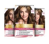 L'Oréal Paris Lot de 3 colorations permanentes pour cheveux gris, 100% de couverture des cheveux gris, avec coloration, shampoing et crème de soin triple épaisseur, crème Excellence, marron doré, 4,3