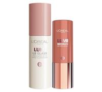 L'Oréal Paris Lumi Le Glass Stick Highlighter Pink Ballet Glassy Multifonction Réflecteur Visage Corps + Bronze Le Stick Soleil Bronzer 100 Sunkissed Rose - Lot de 2