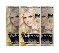 L'Oréal Paris Préférence 9.1 Lot de 3 colorations permanentes pour cheveux avec coloration et baume de soin pour cheveux Blond cendré très clair