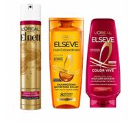L'Oréal Paris - Routine Cheveux Color & Brillance - Laque Elnett + Après-shampoing Color Vive + Shampoing Huile -