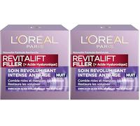 L'Oréal Paris - Soin Nuit Revolumisant Anti-Rides/Âge & Volume Crème Hydratante - Concentré en Acide Hyaluronique - Pour une Peau Repulpée - Tous Types de Peaux - Revitalift Filler - 50 ml (Lot de 2)