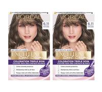 L'Oréal Paris Teinte Permanente Excellence Cool Crèmes 6.11 Blond Foncé Ultra Froid Coloration Triple Traitement Couvre 100% Cheveux Blancs Anti-Jaune - 2 Teintes