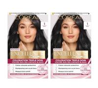 L'Oréal Paris Teinte Permanente Excellence Crèmes 1 Noir Coloration Triple Traitement Longue Durée avec Acide Hyaluronique Couverture 100% Cheveux Blancs - 2 Teintes