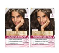 L'Oréal Paris Teinte Permanente Excellence Crèmes 3 Châtain Foncé Coloration Triple Traitement Couvre 100% Cheveux Blancs Longue Durée avec Acide Hyaluronique - 2 Teintes