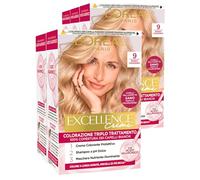 L'Oréal Paris Teinture Permanente Excellence Crème 9 Blond Très Clair Coloration Triple Traitement Longue Durée avec Acide Hyaluronique Couvre 100% des Cheveux Blancs - 5 Teintures