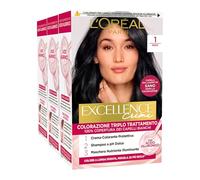 L'Oréal Paris Teinture Permanente Excellence Crème Couleur 1 Noir Coloration Triple Traitement Couvre 100% des Cheveux Blancs Longue Durée avec Acide Hyaluronique - 3 Teintures