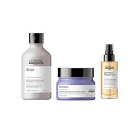 L'Oréal Professionnel, Shampoing Neutralisant + Masque Nutritif + Huile de Finition 10-en-1 pour Cheveux Gris ou Blancs, Silver + Blondifier + Absolut Repair, SERIE EXPERT, 300 ml + 250ml + 90ml
