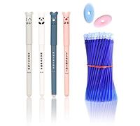 LOREC 4 Pcs Bleu Stylo Effaçables Cute 0,35 mm Stylo Effacables Avec 50 Pcs Recharges et 2 Gommes Cartoon Stylos à Encre Gel Animal de Dessin pour Cadeau Étudiant L'école Bureau Maison