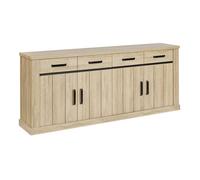 LORENZO - Buffet 4 Portes 4 Tiroirs Aspect Bois Chêne Clair Finition Frank
