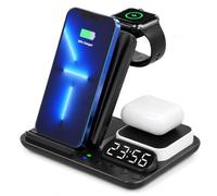 LORESJOY Station de Charge 5-en-1 sans Fil | Chargeur à Induction Rapide pour iPhone et Samsung, Lampe LED Nuit et Réveil Numérique, Pliable Portable