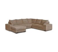 Best Mobilier - Lorie - Canapé panoramique d'angle Droit 7 Places Convertible en Velours côtelé Grosse côte avec Coffre, Taupe