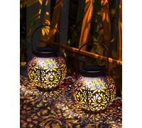 Lorrtta 2 Lanternes Solaires Extérieur Jardin, Lampe Solaire Extérieure LED Imperméable Blanc Chaud, Motif Pivoine en Métal, Lanterne Solaire à Poser pour Terrasse, Balcon, Patio, Camping