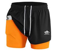 LORSPORTCH Short de course 2 en 1 pour homme - Short de gym et d'athlétisme - Short d'entraînement pour l'extérieur - Avec poches intégrées, Noir orange / avec passant pour serviette, L