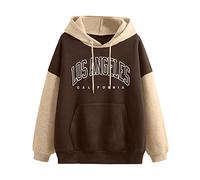 Los Angeles California Sweat à capuche pour femme avec cordon de serrage et capuche style vintage imprimé lettres patchwork blocs de couleurs style cool essentiel Y2K doux, café, XL