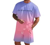Los Angeles Gradient Set T-shirt et short en polyester avec col rond et cordon de serrage dégradé noir à blanc, lettrage fin