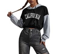 Los Angeles Pull à capuche imprimé Backwoods à manches longues avec capuche pour femme - Style vintage - Patchwork court - Bloc de couleurs - Sportif et décontracté - Tenue à capuche Y2K, gris, XS