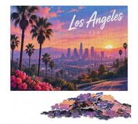 Los Angeles Sunset Skyline Illustration Puzzle en Bois, 1000 pièces | Le montage en commençant par les bords - un loisir concentré autour de la table en intérieur.