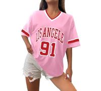 Los Angeles T-shirt de baseball surdimensionné Y2k pour femme - Avec bordure graphique à rayures - Chemise de loisirs - Col en V - Streetwear - Rayé - Graphique - T-shirt décontracté - T-shirt d'été