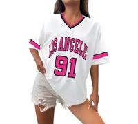 Los Angeles T-Shirt de Baseball surdimensionné Y2k pour Femme - avec Bordure Graphique à Rayures - Chemise de Loisirs - Col en V - Streetwear - Rayé - Graphique - T-Shirt décontracté