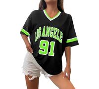 Los Angeles T-Shirt de Baseball surdimensionné Y2k pour Femme - avec Bordure Graphique à Rayures - Chemise de Loisirs - Col en V - Streetwear - Rayé - Graphique - T-Shirt décontracté