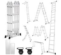 Lospitch Échelle multifonction 4 x 4, 470 cm, 7 en 1, avec 2 plateformes, en aluminium, avec 2 roulettes de transport, jusqu'à 150 kg, échelle de travail à 16 marches, argentée