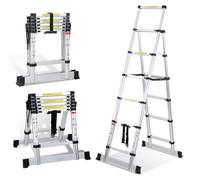 Lospitch Échelle télescopique 1,7 + 2 m - Échelle pliante - En aluminium - Antidérapante - Multifonction - Cadre en A - 5 + 6 échelons - Charge maximale : 150 kg