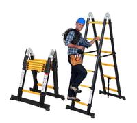 Lospitch Échelle télescopique Pliable en Aluminium de 3,8 m avec stabilisateur, échelle Pliante de qualité supérieure et échelle Pliable en Aluminium de 150 kg de Charge, Noir Jaune
