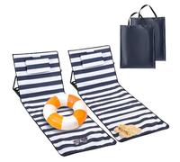 Lospitch Lot de 2 chaises longues de plage pliables et légères - Tapis de plage rembourrés - Sac à main - Compartiments de rangement - Coussin intégré avec réglage à 5 vitesses (158 cm, rayures bleues