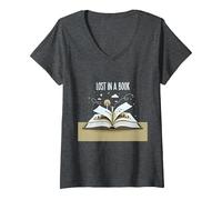 Lost in a Book : Œuvre d'art d'aventure de Lecture Magique T-Shirt avec Col en V, Femme, Chiné Foncé, XXL