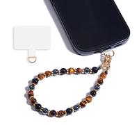 Lostars Dragonne de téléphone en perles marbrées, bracelet de téléphone amovible avec languette d'attache, dragonne mains libres (œil de tigre jaune)