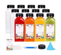 Losueeun Lot de 12 bouteilles de jus en plastique de 300 ml avec bouchons inviolables, récipients à jus transparents réutilisables avec étiquettes, entonnoir et brosse