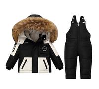 LOSVIP Combinaison de neige pour bébé garçon et fille avec capuche en fourrure - Imperméable - Rembourrée - Thermique - Deux pièces - Veste de ski - Pantalon de ski, Noir , 12-18 mois