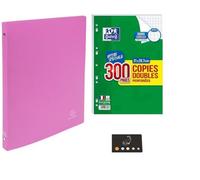 Lot 1 Classeur Souple A4 Maxi 4 Anneaux Dos 20mm + 300 Copies Doubles Perforées Seyes + 1 Index Adhésif Blumie (Rose)