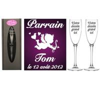 Lot : 1 Verre PARRAIN + 1 MARRAINE (ou 2 Parrains ou 2 Marraines au choix) - Flûtes à Champagne Gravées Modèle Ange + 2 Boîtes Cadeaux - Souvenir du Baptême de votre enfant - Cadeau personnalisé