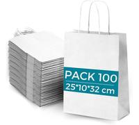 Lot 100 Sacs en Papier Kraft Blanc avec Anses 25x10x32cm - Sac pour Shopping, Cadeaux, Mariages