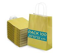 Lot 100 Sacs Papier Kraft Doré avec Anses 25x10x32cm - Sac pour Shopping Cadeaux Mariages