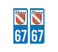 LOT 2 Autocollants Stickers 67 Plaque d'immatriculation Voiture sticker immatriculation auto Alsace Elsass Bas Drapeau Rhin France
